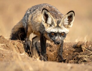 Fototapeta premium Close-up of a fox-like animal with prominent ears, looking directly
