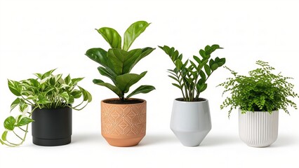 Fototapeta premium Collection of four potted houseplants including pothos fiddle leaf fig ZZ plant and fern in modern decorative pots isolated on white background for interior design