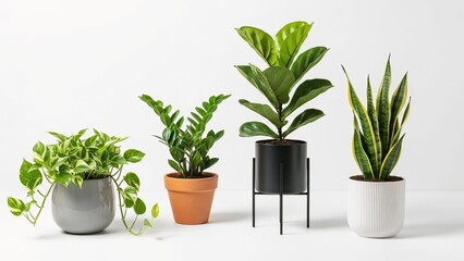 Obraz premium Collection of four potted houseplants including a snake plant and fiddle leaf fig arranged in modern planters for home decor and interior design