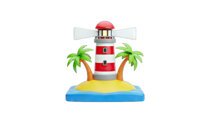 3D Cartoon lighthouse on a tropical island with palm trees on transparent background