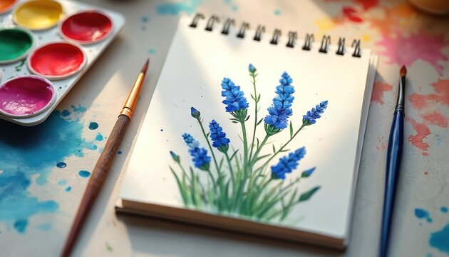 Artistic watercolor painting of lavender flowers in notebook with paint palette and brushes on splattered table. Artist creates floral artwork with vivid blue and green colors.