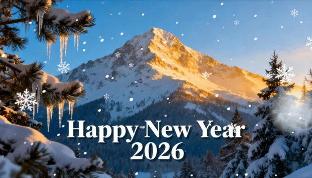 happy new year 2026 greeting set against snowy mountain winter landscape - Powered by Adobe