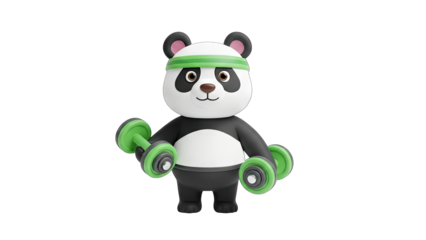 3D Cute cartoon panda holding dumbbells, fitness concept on transparent background