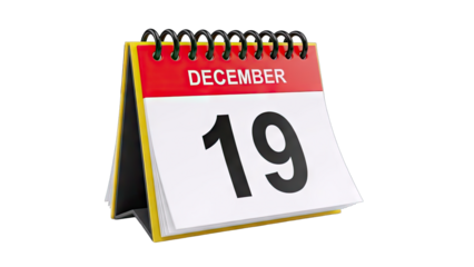 3D Desktop Calendar Page Showing December 19 on transparent background