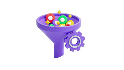 3D Funnel with Colorful Elements and Gear on transparent background