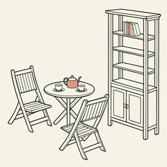 Cozy indoor tea setting with bookshelf © Gf