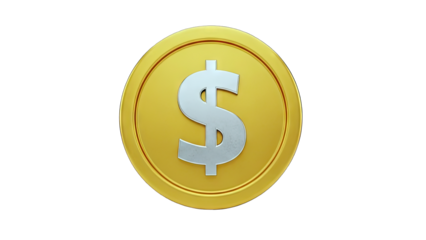 3D Gold coin with dollar symbol on transparent background