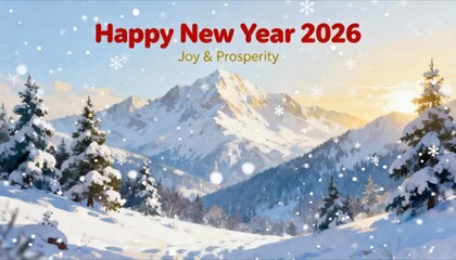 happy new year 2026 greeting set against snowy mountain winter landscape