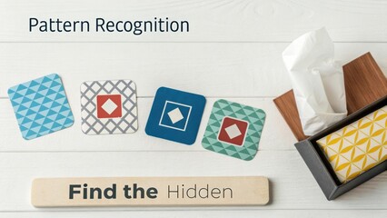 Colorful geometric patterns and a wooden sign inviting exploration of hidden elements in a creative workspace setting