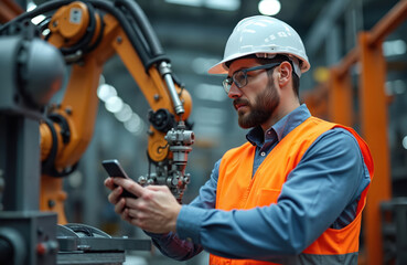 Man in hard hat and safety vest uses smartphone near industrial robot arm. Engineer monitors automated manufacturing process in factory. Tech worker checks machine operation on production line.