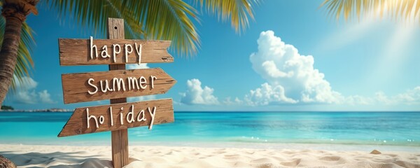Rustic wooden sign on tropical beach reads happy summer holiday. Palm tree fronds frame sunny blue sky over calm turquoise ocean water with white sand.