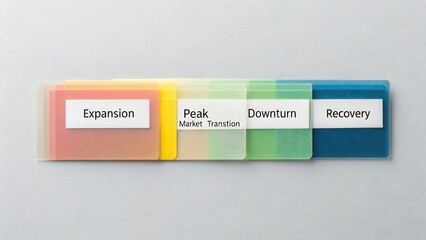 Colorful Transparent Index Cards Representing Economic Cycles of Expansion, Peak, Downturn and Recovery Stages in Business