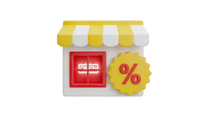 3D Render of Storefront with Open Sign and Percentage Symbol on transparent background