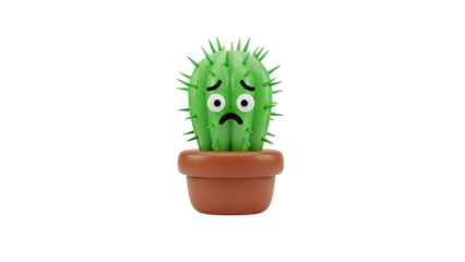 3D Sad cartoon cactus in a pot with a worried expression on transparent background