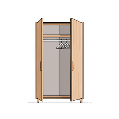 An open wooden wardrobe with hangers inside, on a white background