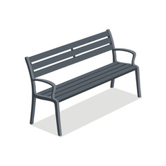Isometric view of a gray park bench on a white background, casting a shadow