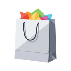 A grey shopping bag with black handles and colorful abstract shapes spilling out