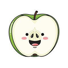 Cartoon apple slice with a happy face, green peel, and small brown stem