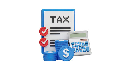 3D Tax document with calculator, coins, and checkmarks on transparent background