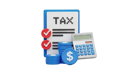 3D Tax document with calculator, coins, and checkmarks on transparent background