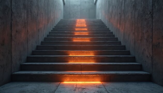 Ascending concrete stairs with orange glowing markers indicate progress on a corporate journey. Each step represents a milestone in business development and achievement toward a future goal.