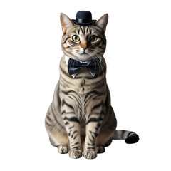 Fototapeta premium A charming cat in a formal outfit, including a hat and bow tie. The cat looks distinguished and well-dressed, ready for a special occasion, isolated on transparent background