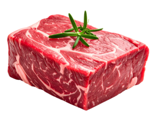 Raw marbled cut of beef, seasoned with fresh rosemary sprig