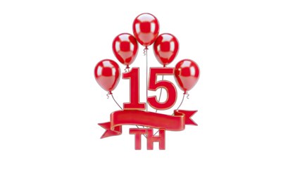 3D 15th Anniversary Celebration with Red Balloons and Ribbon on transparent background