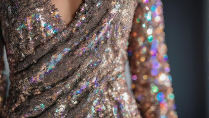 Close-up of a shimmering sequin dress with iridescent details.