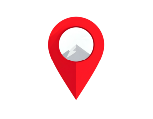 Red map pin icon with snowy mountain silhouette inside