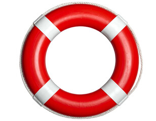 Red and white buoyant ring with rope, isolated on black