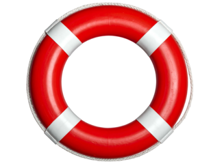 Red and white buoyant ring with rope, isolated on black