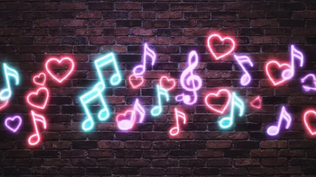 P211-neon musical notes and hearts flying on brick wall background 4k loop animation love and music con 4K 10s