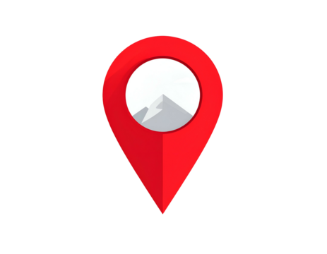 Red map pin icon with snowy mountain silhouette inside - Powered by Adobe