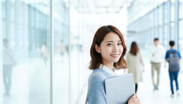 オフィスの通路でパソコンを抱え歩く笑顔の女性