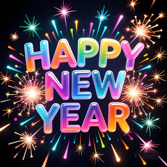 Glass typography &ldquo;HAPPY NEW YEAR&rdquo; with colorful festive spark bursts