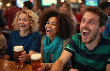 Friends laugh together at pub watching sports game on tv. People enjoying beer at bar, celebrating victory. Young adults share good times and drinks.