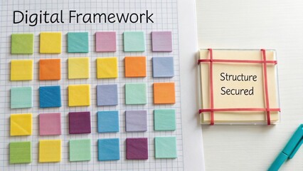 Colorful sticky notes arranged in digital framework concept with labeled structure secured box and office supplies on table