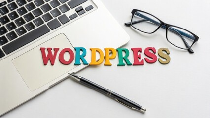 Creative Workspace with Laptop, Colored Letters Spelling WordPress, Glasses, and Pen on White Desk Surface
