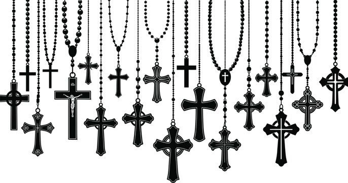 Vector Silhouette Set of Religious Symbols, Crucifixes, and Prayer Beads on Chains, Perfect for Spiritual Design, Church Graphics, Tattoo Art, or Backgrounds.
