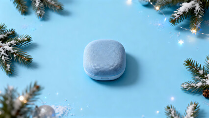 Minimalist Christmas technology concept with a single modern digital object on soft blue background, clean studio lighting, large copy space, and premium futuristic holiday design.