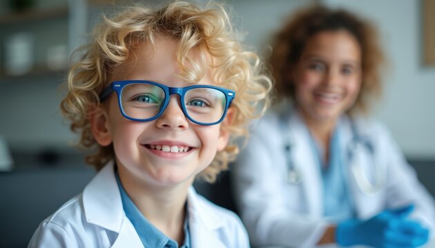 Cute boy smiles wearing new blue glasses in an eye doctor clinic. Young patient has vision checkup with optician in modern optical shop. Kid loves new eyewear.