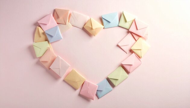 Heart shape made of colorful mini envelopes on a pink background.
