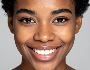 Close-up of a smiling woman with dark skin and a natural expression