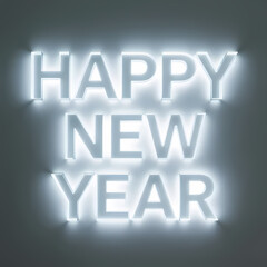 Glass letters &ldquo;HAPPY NEW YEAR&rdquo; illuminated by soft white light, clean modern background