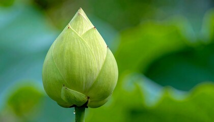 Close-up of a tightly closed green flower bud with blurred background