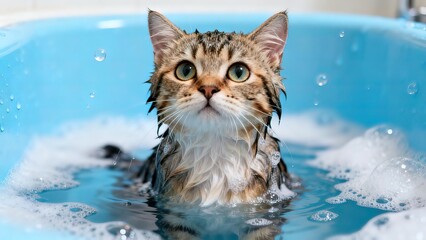 Wet cat in blue bathtub