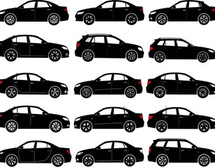 Vector illustration featuring multiple black cars of various styles, on a clean white background