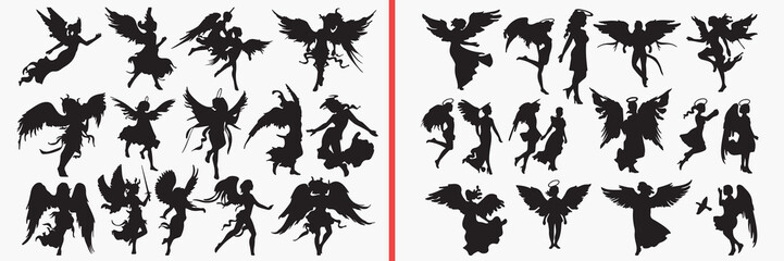fantasy flying silhouettes vector, angel winged figures, mythical creature clipart, heaven character svg, flying human illustration, black fantasy silhouettes, spiritual figure graphics, epic flying p