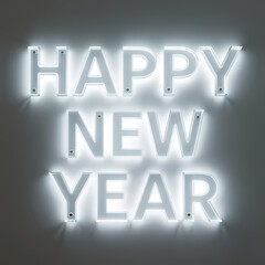 Glass letters &ldquo;HAPPY NEW YEAR&rdquo; illuminated by soft white light, clean modern background